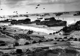 Allied landing craft and ships approaching the Normandy beaches on D-Day