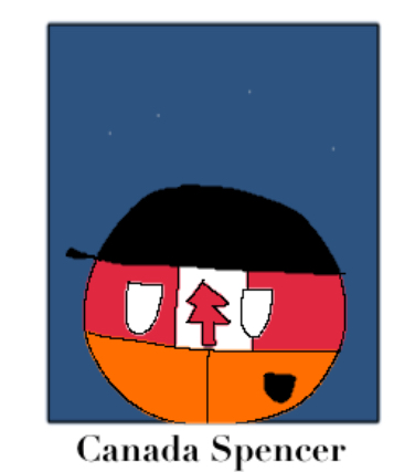 Countryball-style character with a Canadian flag face, black cap, and orange body, against a starry night sky. Text reads 'Canada Spencer'.
