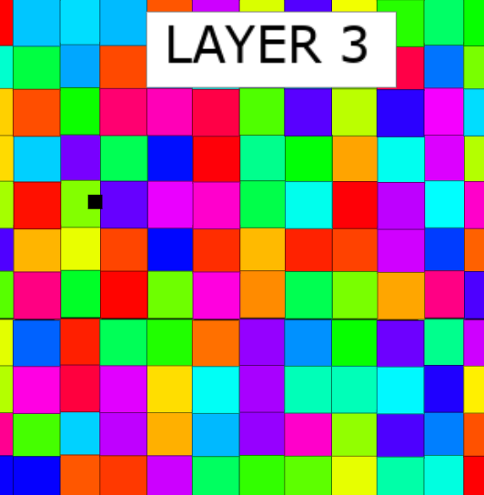 Image of Algodoo Sky Layer 3, showing a grid of various bright colors with 'LAYER 3' at the top and a small black square.