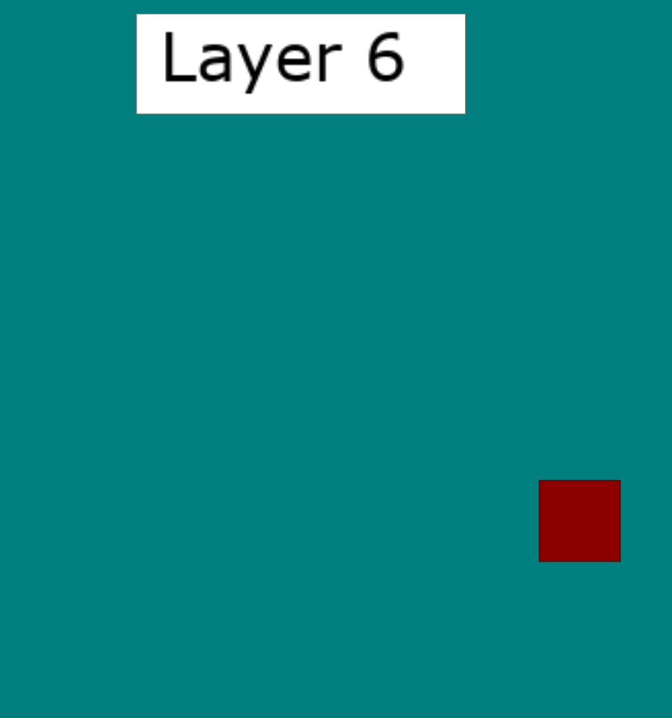 Image of Algodoo Sky Layer 6, showing a teal background with 'Layer 6' at the top and a small red square in the bottom right.