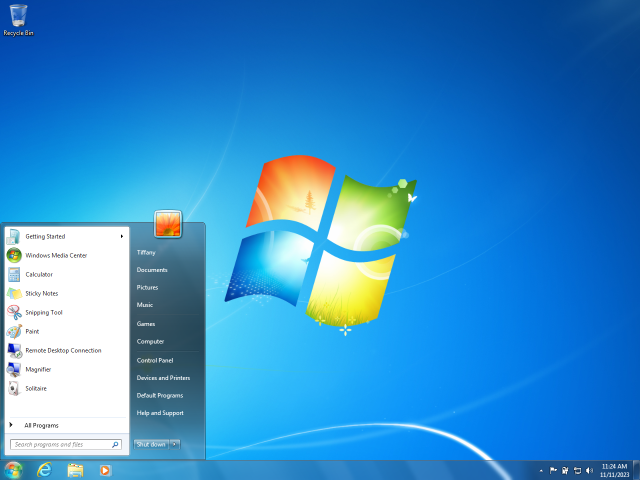 Windows 7 desktop with Start Menu open